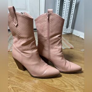 Pink Heeled Boots with Textured Design
